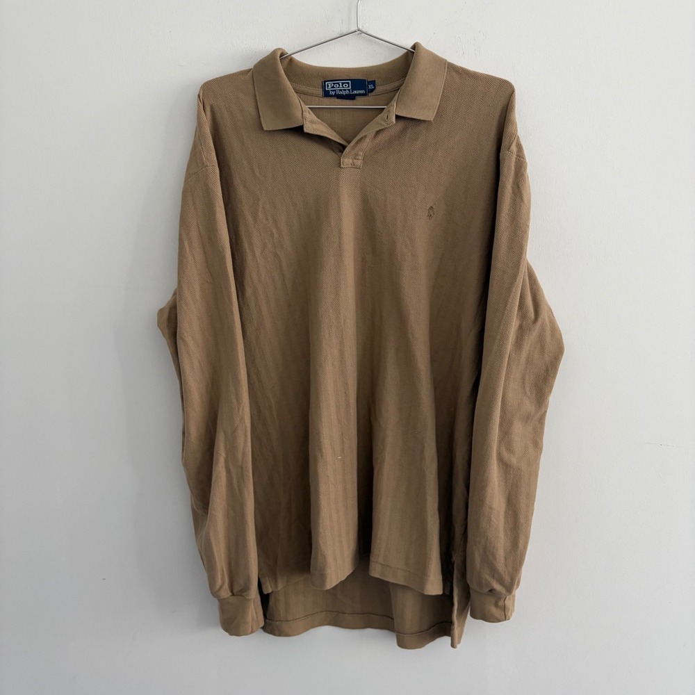 Polo Ralph Lauren Mens XL Tan Herringbone Long Sleeve Polo Shirt